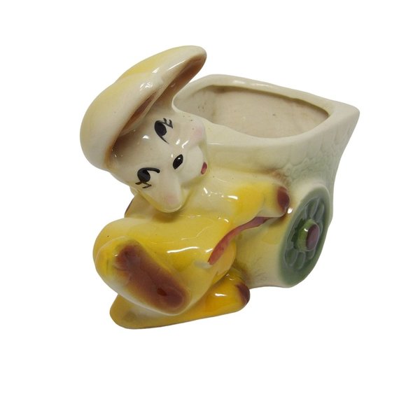 Vintage Kitschy Yellow Bunny Rabbit Pushing Cart Planter 5" H x 6 3/4" L x 3" D - Picture 8 of 10